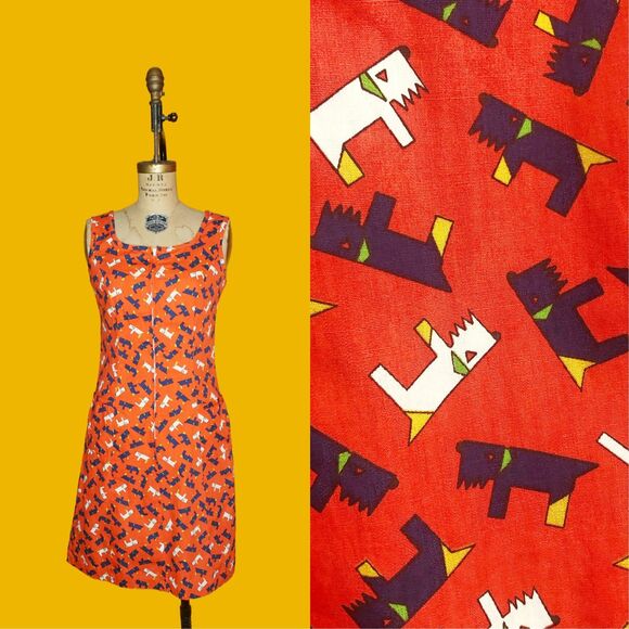 1960s KAY WHITNEY DOG Print Front Zipper Cotton Dress W/Hip Pockets. Small - Picture 1 of 10